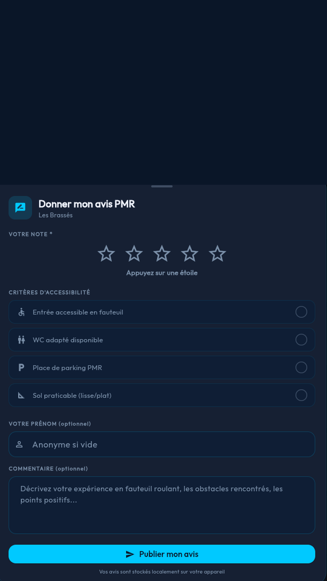 Formulaire d'avis PMR : une note en étoiles puis quatre critères à cocher — entrée accessible en fauteuil, WC adapté, place de parking PMR, sol praticable.