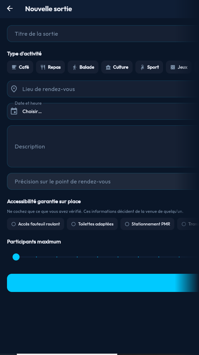 Formulaire de création de sortie : titre, type d'activité, lieu et date de rendez-vous, accessibilité garantie sur place et nombre de participants.