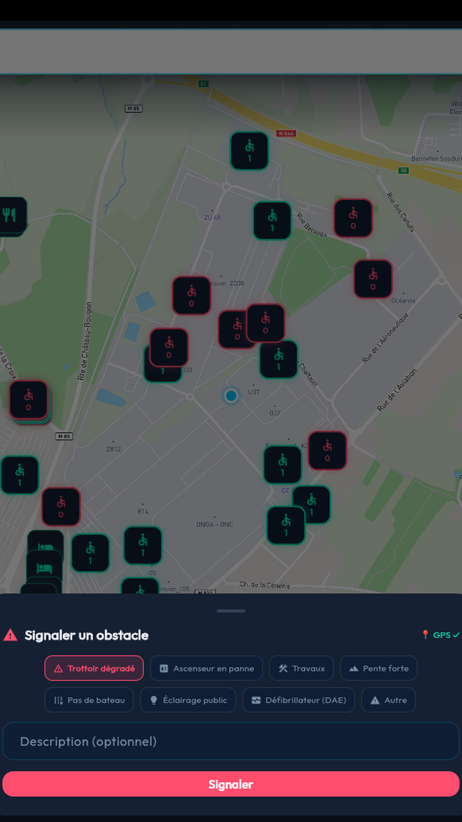 Signalement d'obstacle depuis la carte : trottoir dégradé, ascenseur en panne, travaux, pente forte, pas de bateau, éclairage public, défibrillateur.