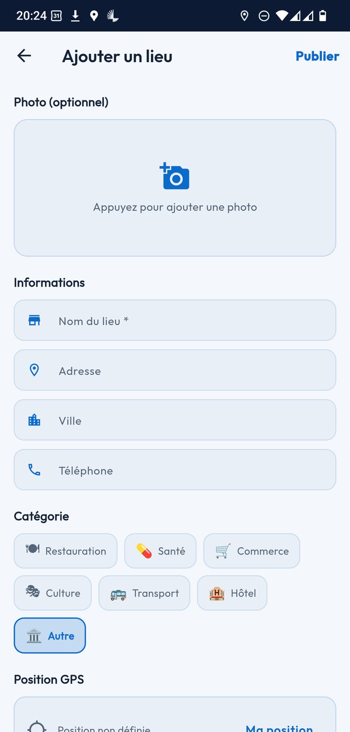 Formulaire Ajouter un lieu : photo facultative, nom du lieu, adresse, ville, téléphone, catégorie (restauration, santé, commerce, culture, transport, hôtel, autre), position GPS et bouton Publier.