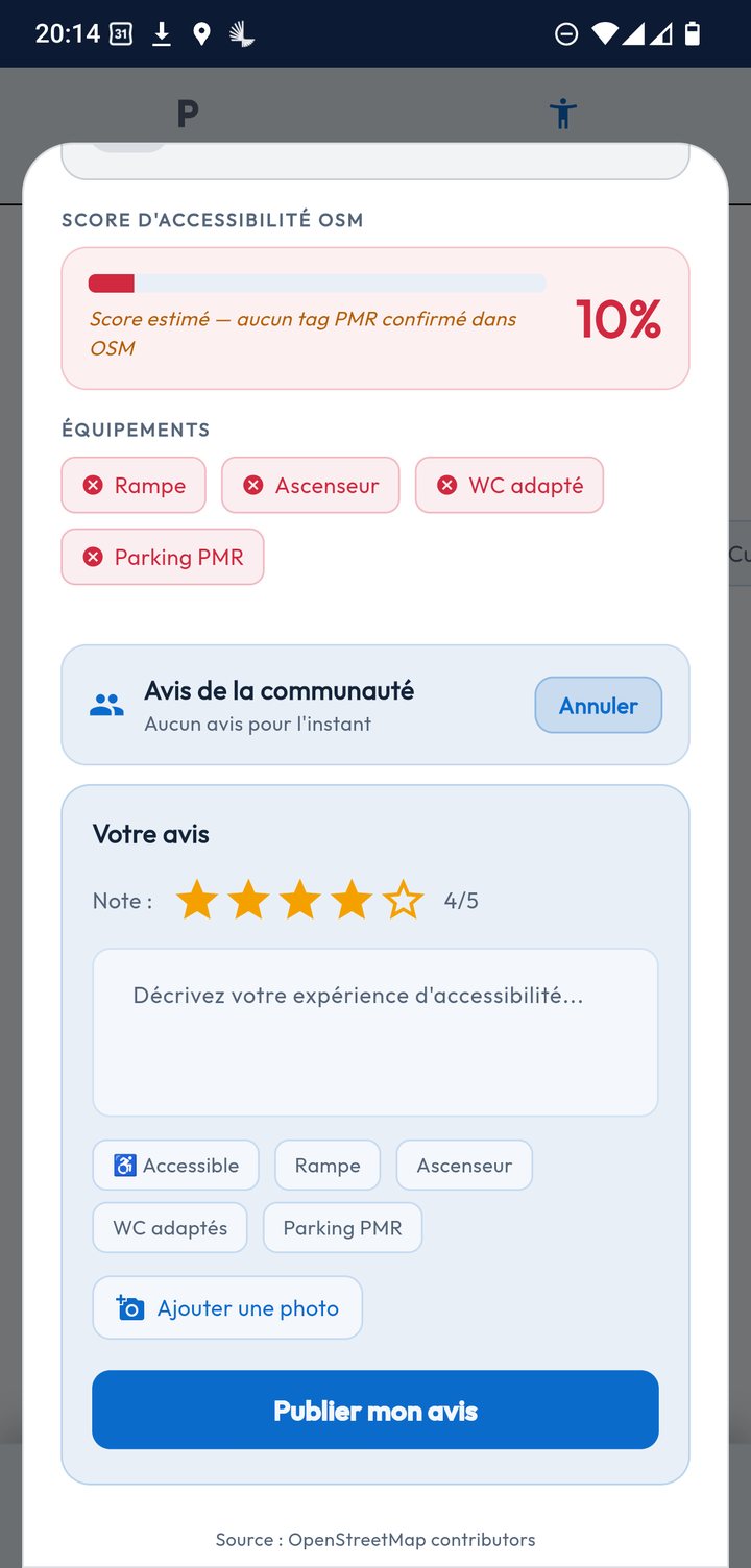 Formulaire d'avis sur un lieu : note de 4 sur 5 en étoiles, zone de description, étiquettes Accessible, Rampe, Ascenseur, WC adaptés et Parking PMR, ajout d'une photo et bouton Publier mon avis.