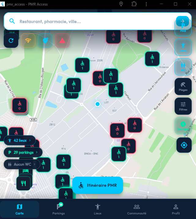 Carte avec marqueurs de stationnement PMR : vert quand une place est libre, rouge quand tout est occupé, et compteurs de lieux, parkings et toilettes du secteur.