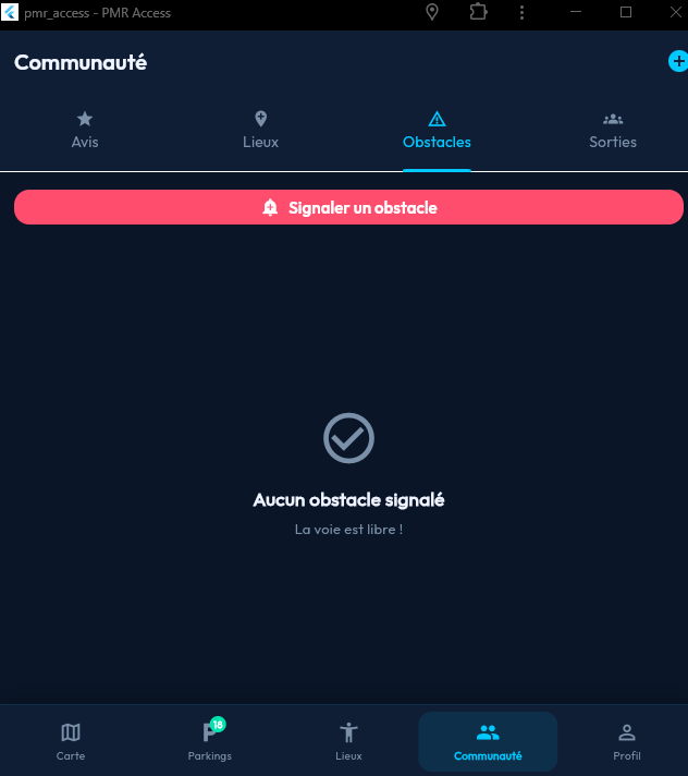 Onglet Obstacles de la communauté, avec le bouton pour signaler un obstacle et l'écran vide indiquant que la voie est libre.